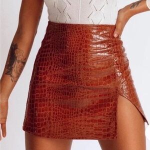 Motel Faux Croc High-Waist Mini Skirt in Chestnut Brown